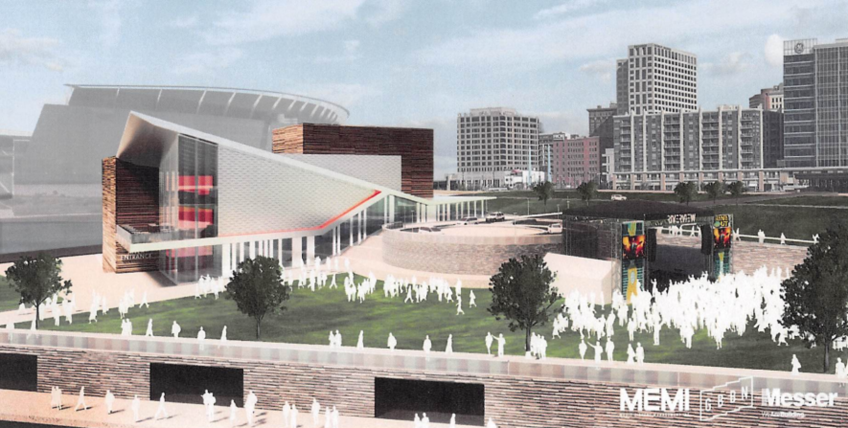 A rendering of the music venue, as viewed from the southeast.